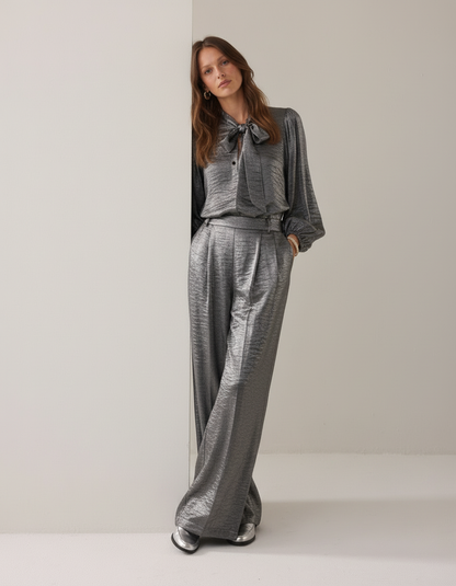Vrouwen Blouse Set met Strik en Volumineuze Mouwen Metallic Kleur - StudioMarella