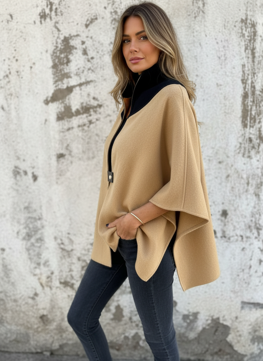 Vrouwen Poncho met Contrasterende Kraag en Ritsdetail Zwart