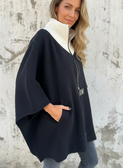 Vrouwen Poncho met Contrasterende Kraag en Ritsdetail Zwart
