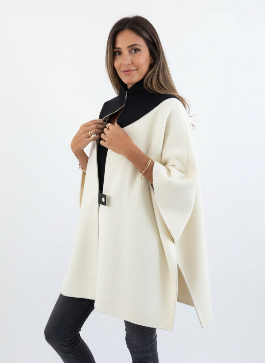 Vrouwen Poncho met Contrasterende Kraag en Ritsdetail Zwart - StudioMarella