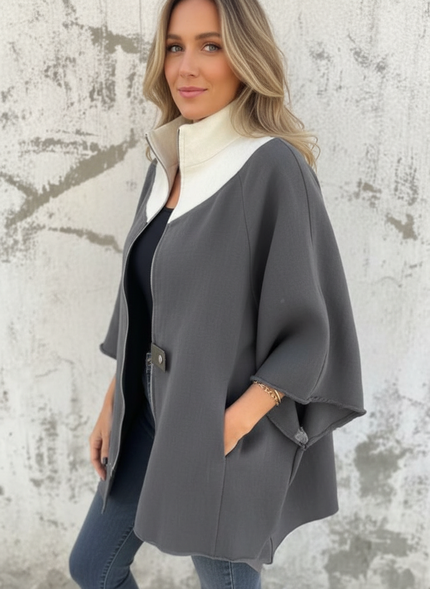 Vrouwen Poncho met Contrasterende Kraag en Ritsdetail Zwart