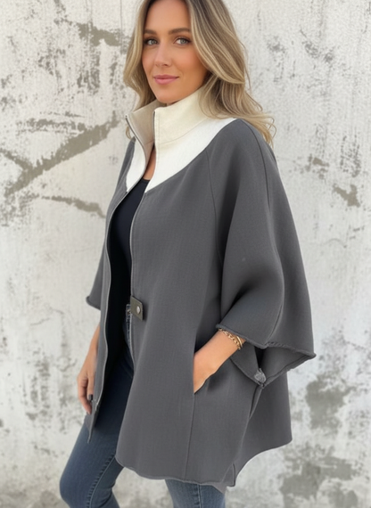 Vrouwen Poncho met Contrasterende Kraag en Ritsdetail Zwart