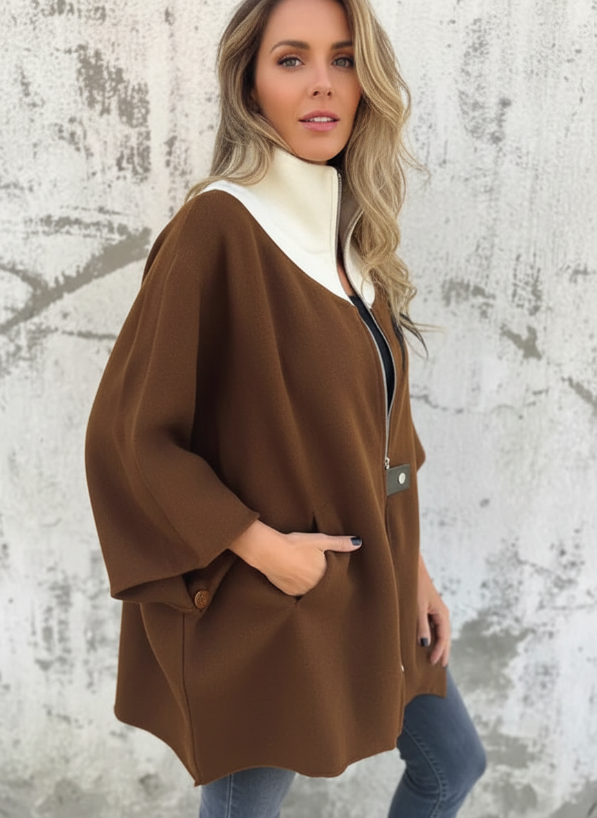 Vrouwen Poncho met Contrasterende Kraag en Ritsdetail Zwart