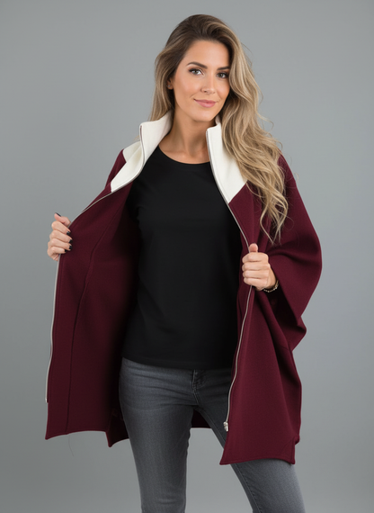 Vrouwen Poncho met Contrasterende Kraag en Ritsdetail Zwart