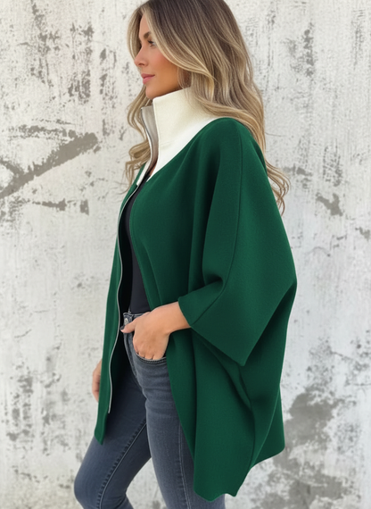 Vrouwen Poncho met Contrasterende Kraag en Ritsdetail Zwart