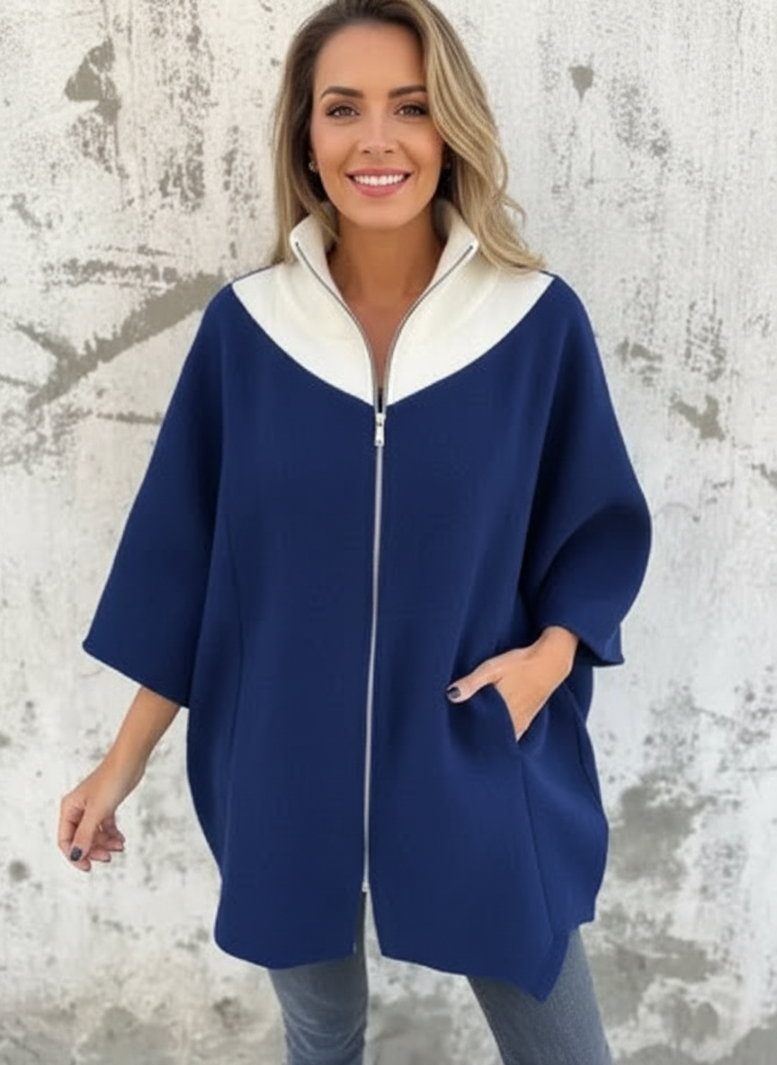 Vrouwen Poncho met Contrasterende Kraag en Ritsdetail Zwart