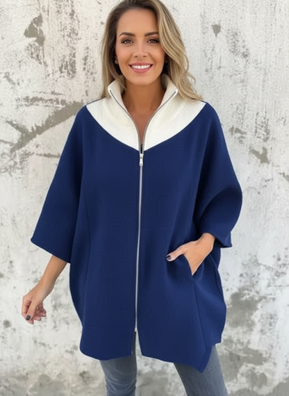 Vrouwen Poncho met Contrasterende Kraag en Ritsdetail Zwart
