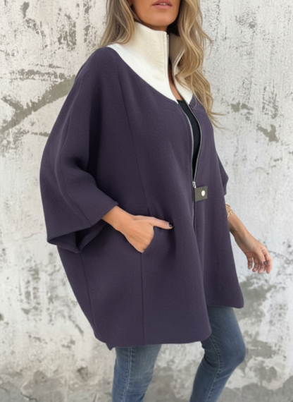 Vrouwen Poncho met Contrasterende Kraag en Ritsdetail Zwart