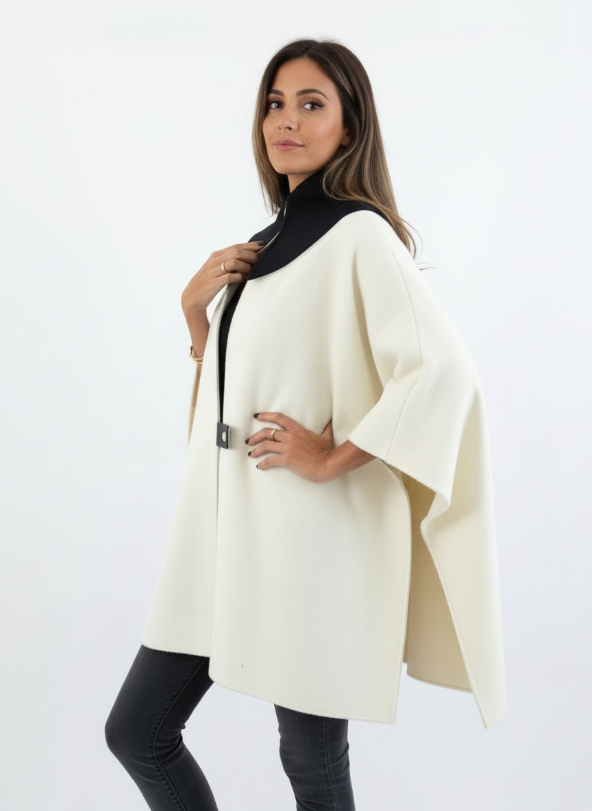 Vrouwen Poncho met Contrasterende Kraag en Ritsdetail Zwart