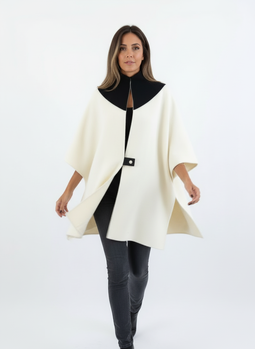 Vrouwen Poncho met Contrasterende Kraag en Ritsdetail Zwart