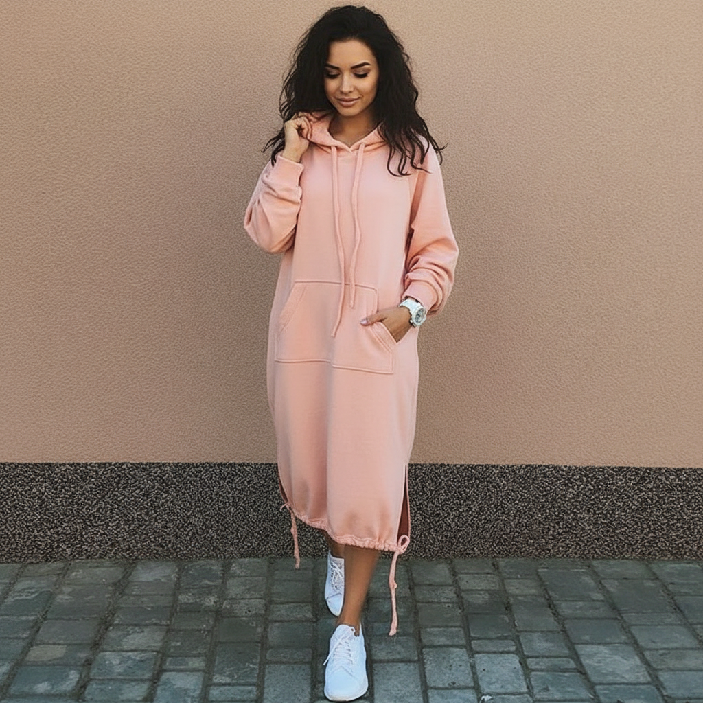Dames Hoodie Jurk met Kangoeroezak en Capuchon