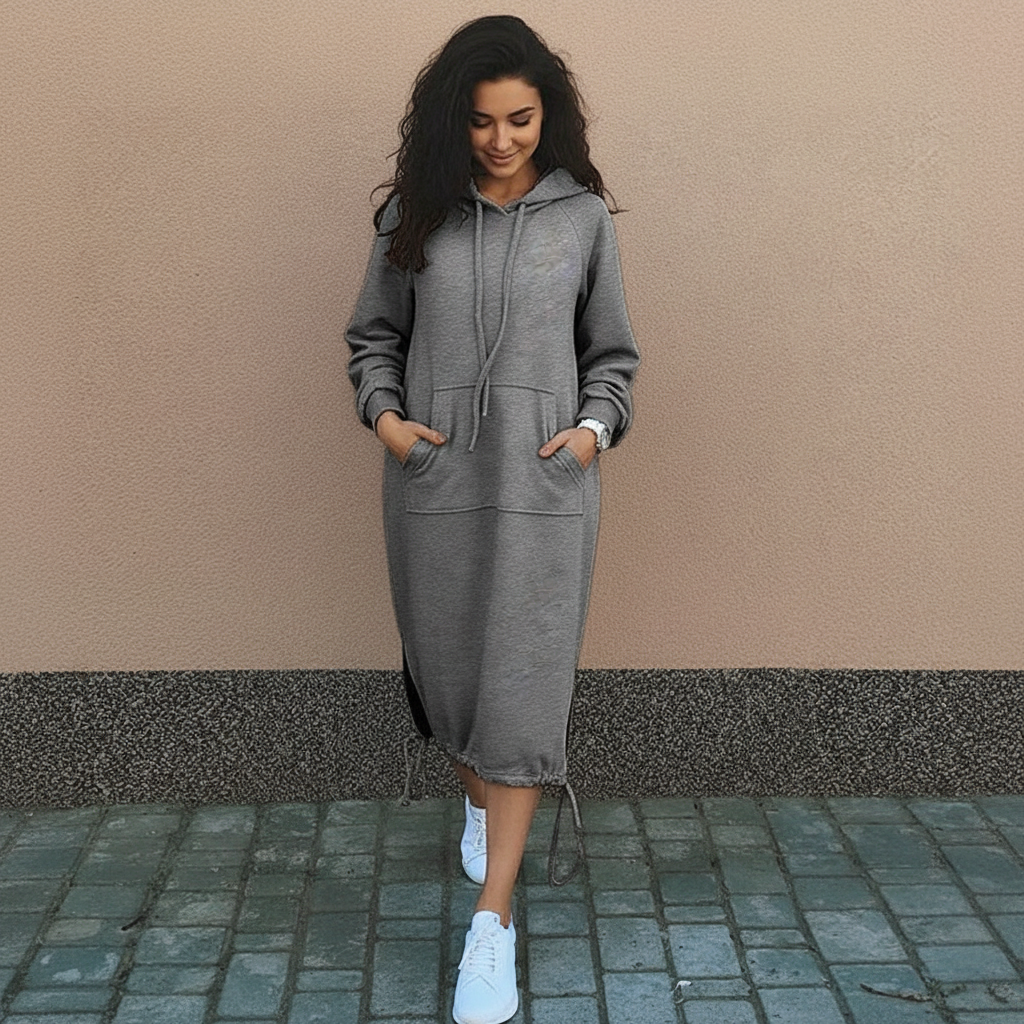 Dames Hoodie Jurk met Kangoeroezak en Capuchon - StudioMarella