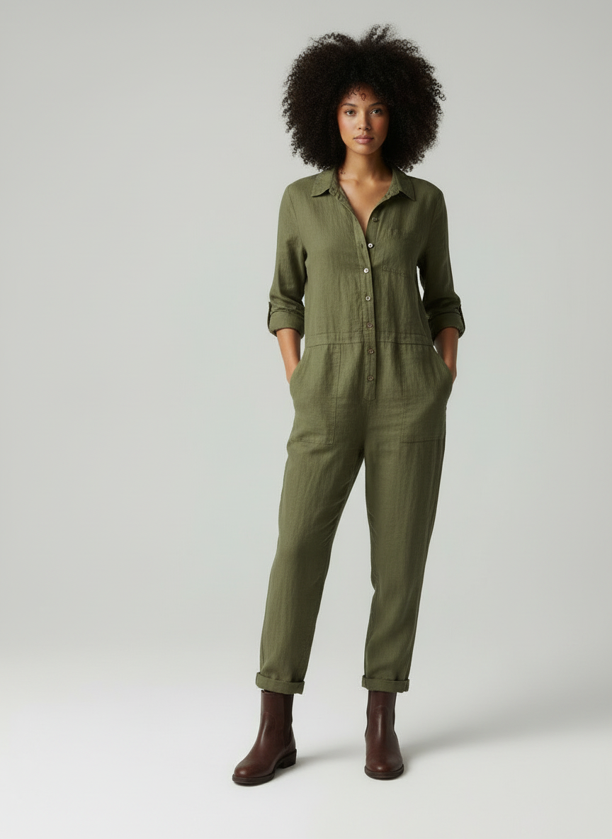Vrouwen Jumpsuit Knoopsluiting Borstzakken Zomerjurk - StudioMarella