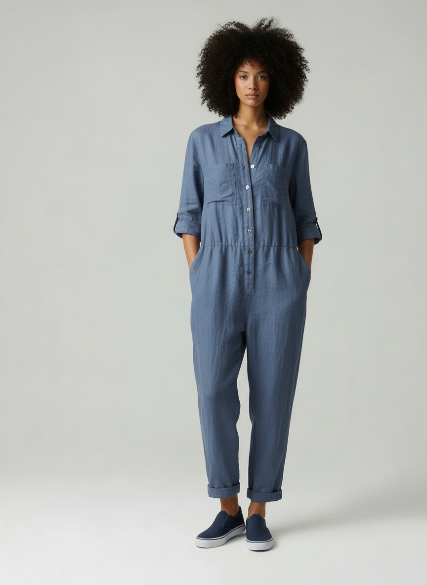 Vrouwen Jumpsuit Knoopsluiting Borstzakken Zomerjurk
