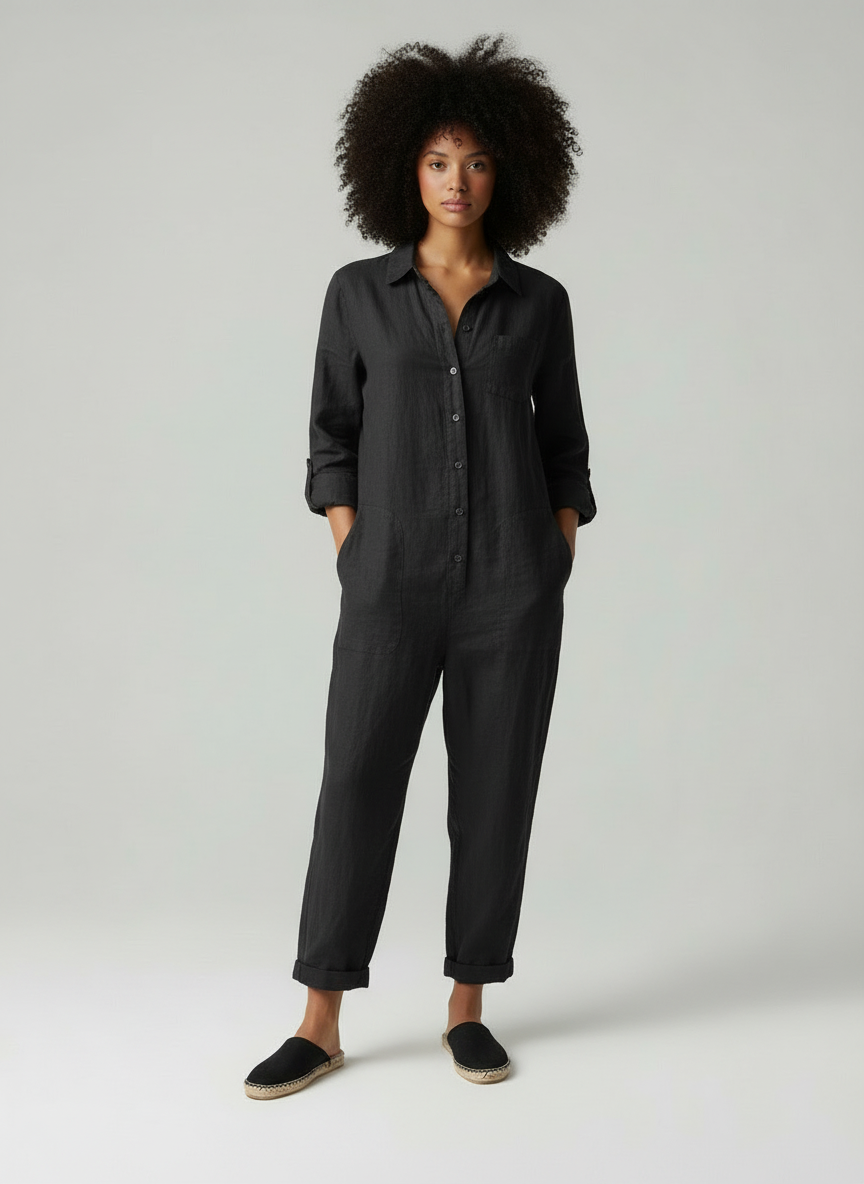 Vrouwen Jumpsuit Knoopsluiting Borstzakken Zomerjurk