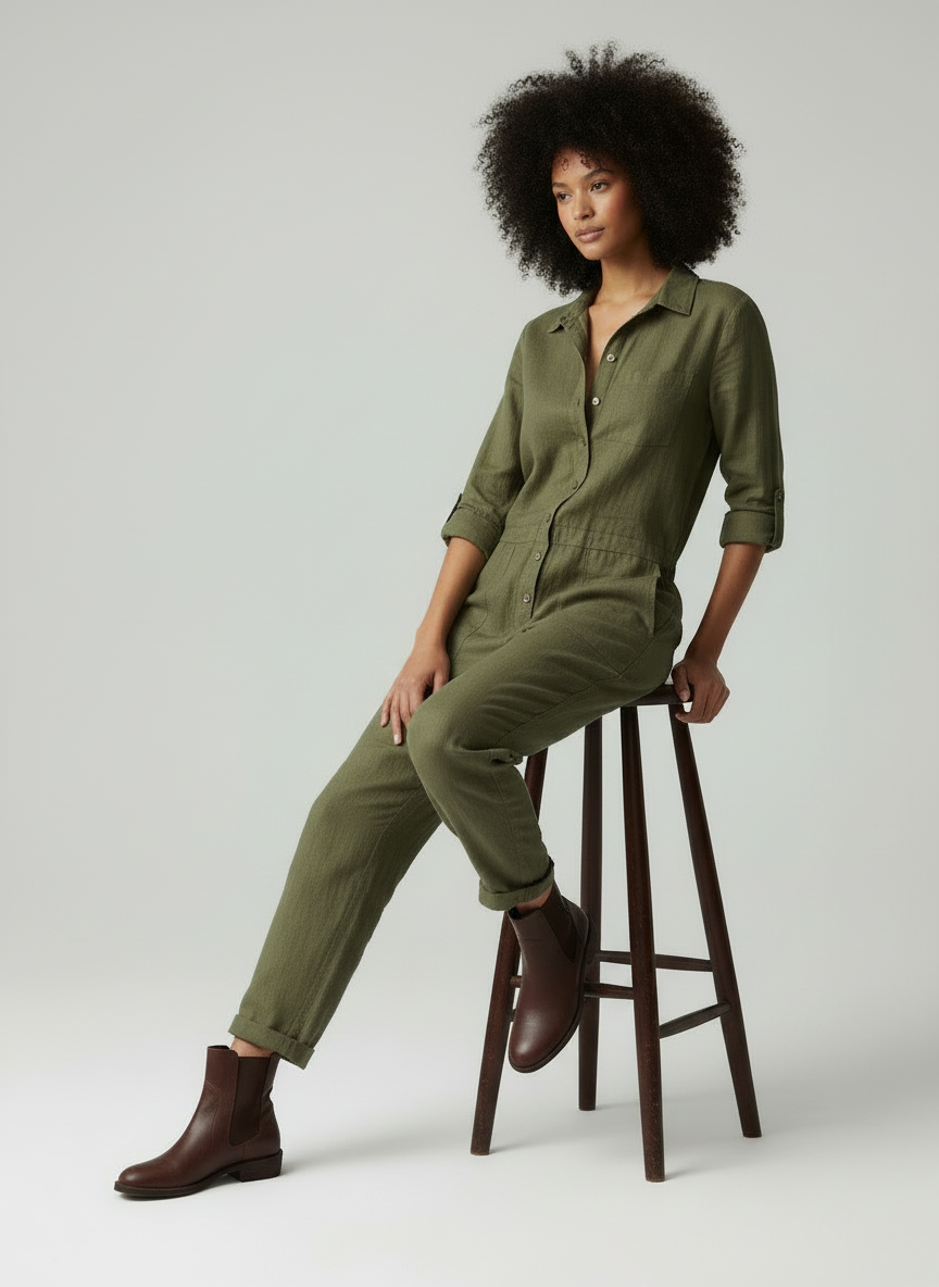 Vrouwen Jumpsuit Knoopsluiting Borstzakken Zomerjurk