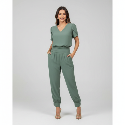 Vrouwen Jumpsuit V-hals Pofmouwen Slank Taille