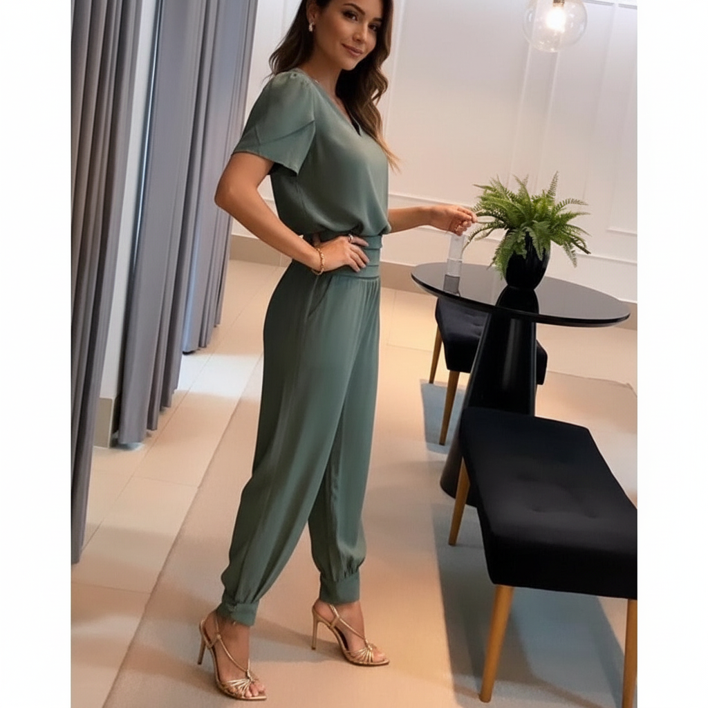 Vrouwen Jumpsuit V-hals Pofmouwen Slank Taille