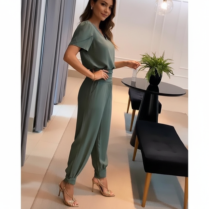 Vrouwen Jumpsuit V-hals Pofmouwen Slank Taille