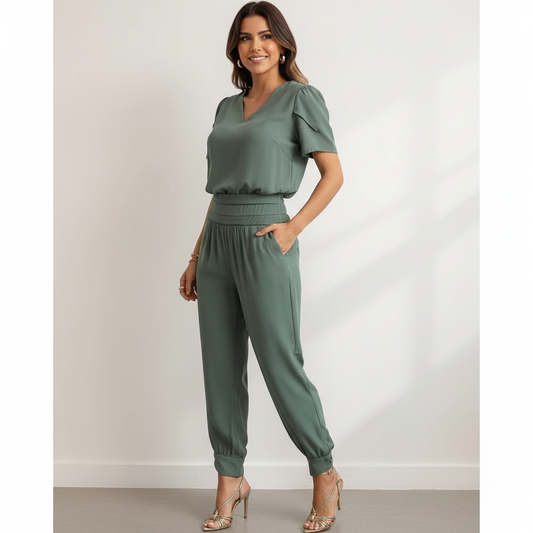 Vrouwen Jumpsuit V-hals Pofmouwen Slank Taille - StudioMarella