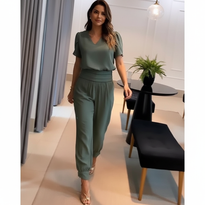Vrouwen Jumpsuit V-hals Pofmouwen Slank Taille
