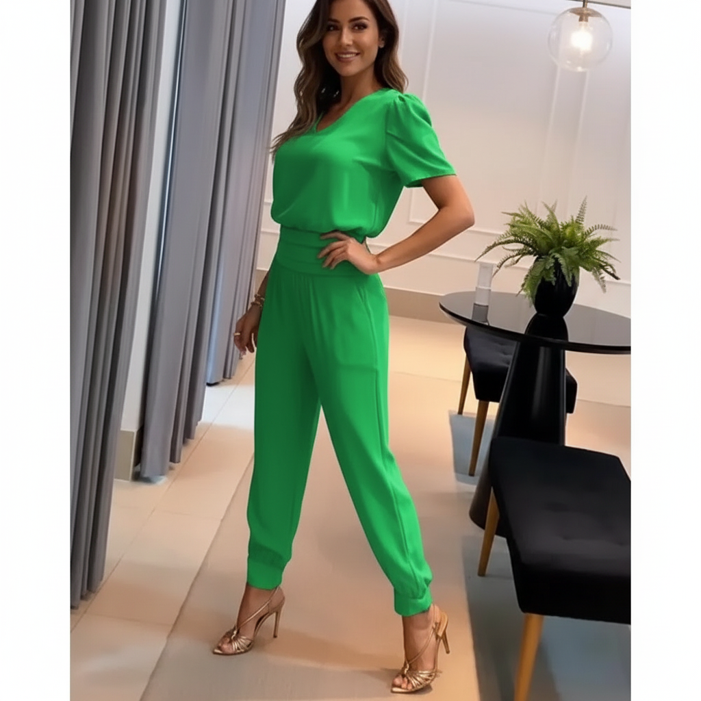 Vrouwen Jumpsuit V-hals Pofmouwen Slank Taille