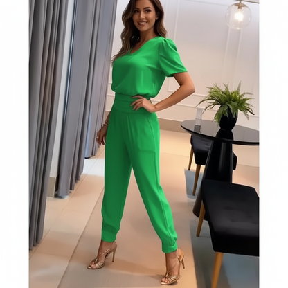 Vrouwen Jumpsuit V-hals Pofmouwen Slank Taille