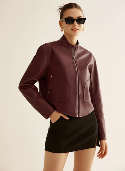 Vrouwen Faux Leren Jas Cropped Met Opstaande Kraag - StudioMarella