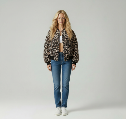 Dames Bomberjack Luipaardprint Leerlook