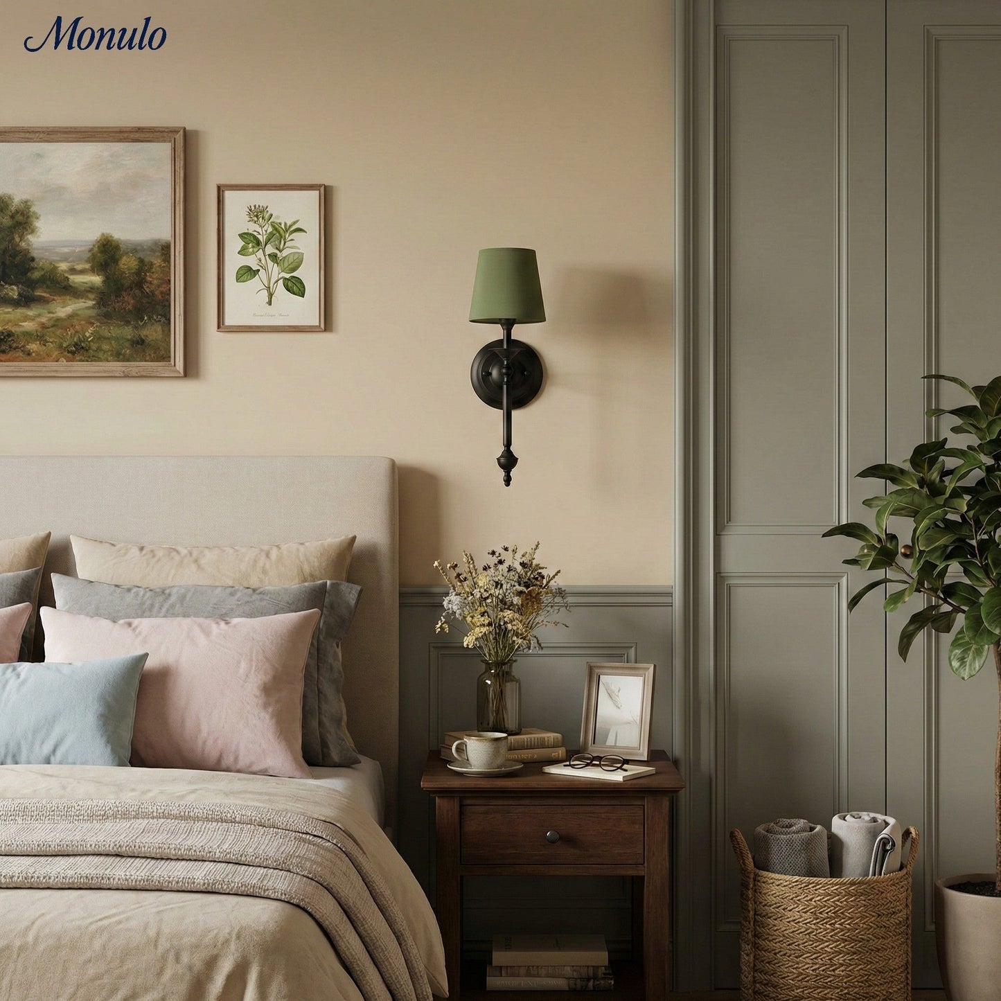 Stoffen Wandlamp met Vintage Koperen Afwerking – Sfeervolle Verlichting voor Hal, Slaapkamer en Woonkamer