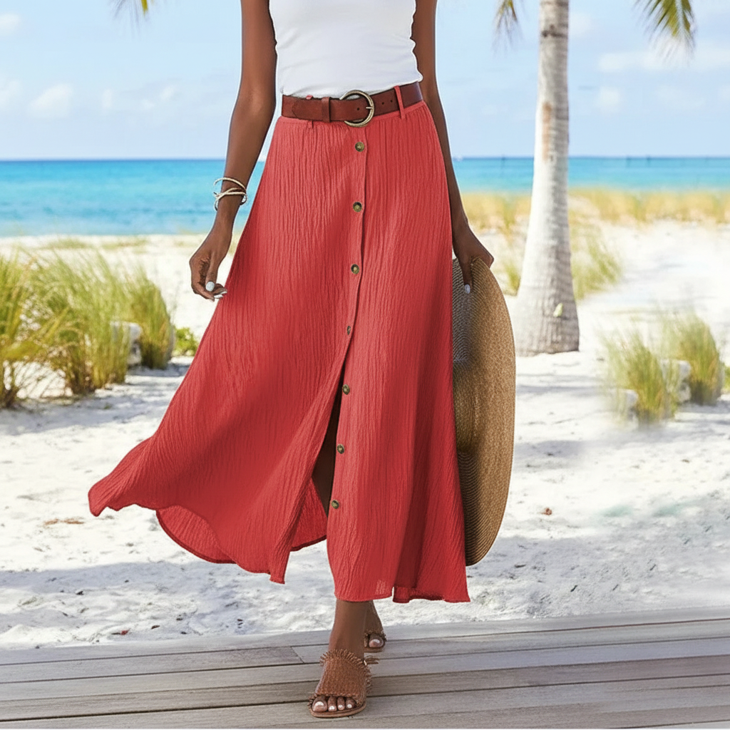 Dames Maxi Rok Volledige Knoopsluiting Textuur Stof