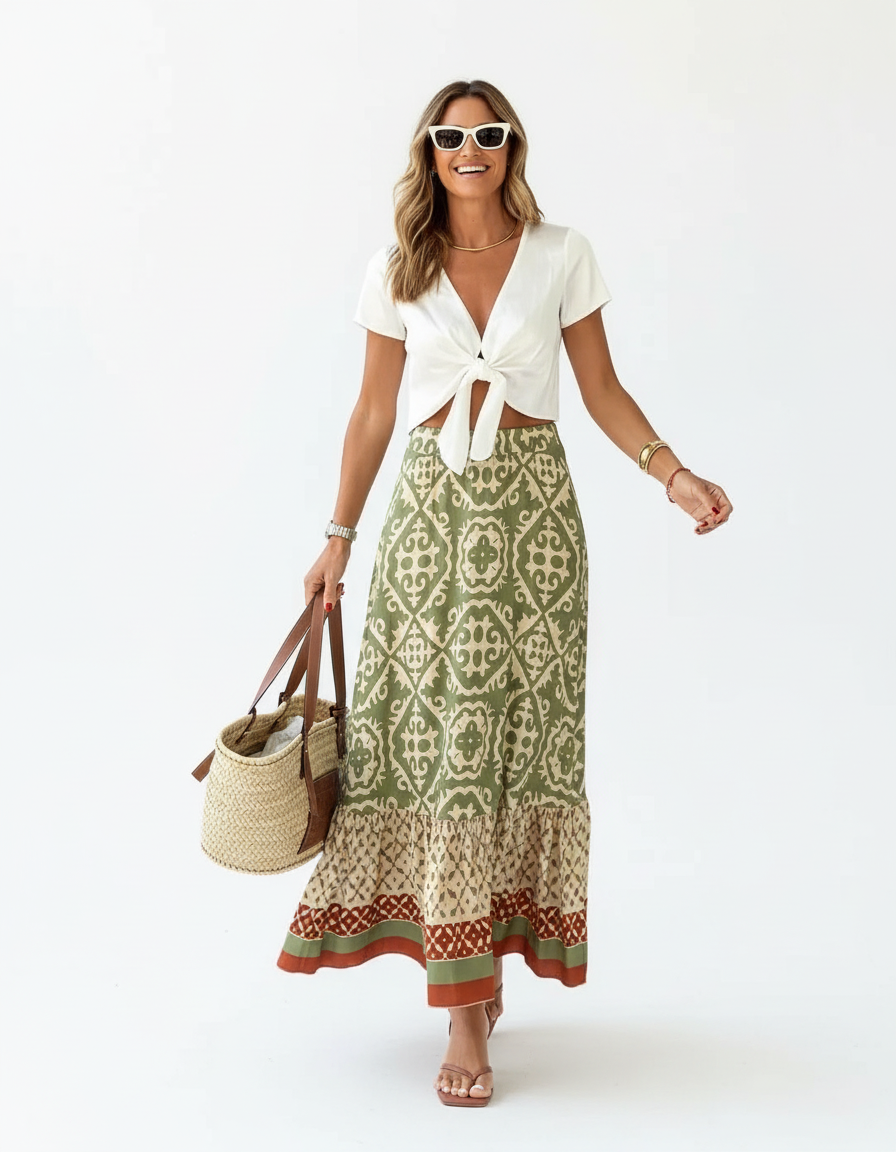 Dames Maxirok Gelaagd met Ruches en Geometrische Print