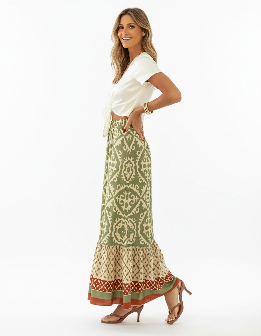 Dames Maxirok Gelaagd met Ruches en Geometrische Print