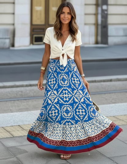 Dames Maxirok Gelaagd met Ruches en Geometrische Print