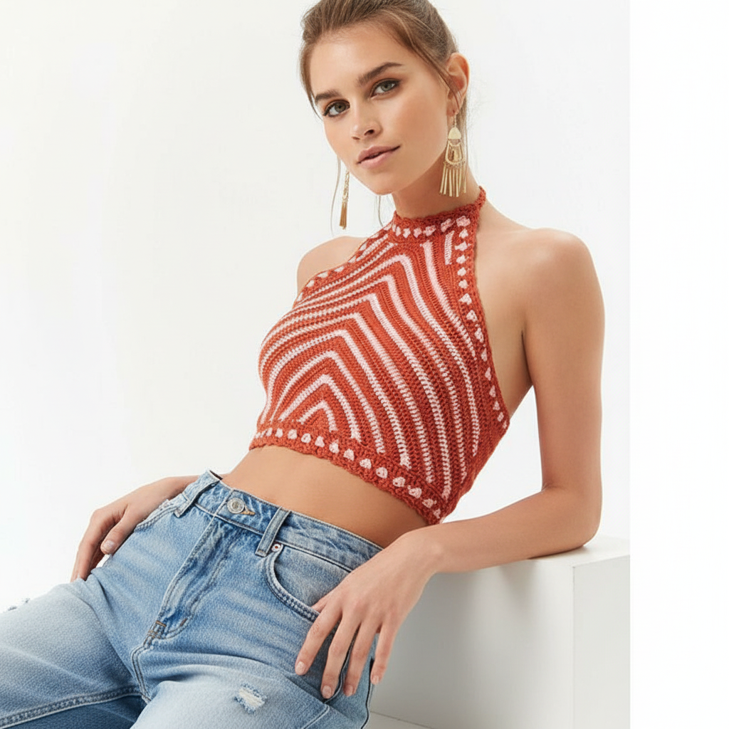 Dames Croptop Halternek Chevron Streep Top