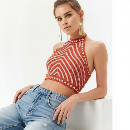 Dames Croptop Halternek Chevron Streep Top