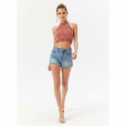 Dames Croptop Halternek Chevron Streep Top