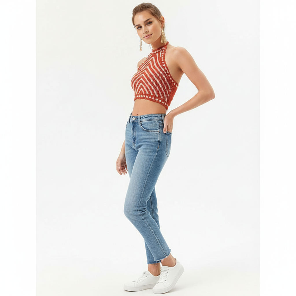Dames Croptop Halternek Chevron Streep Top