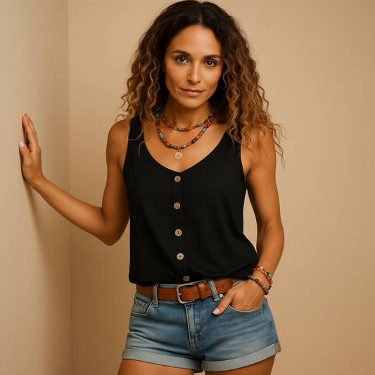 Dames Top Mouwloos Houtlook Knopen Zomerse Stijl - StudioMarella