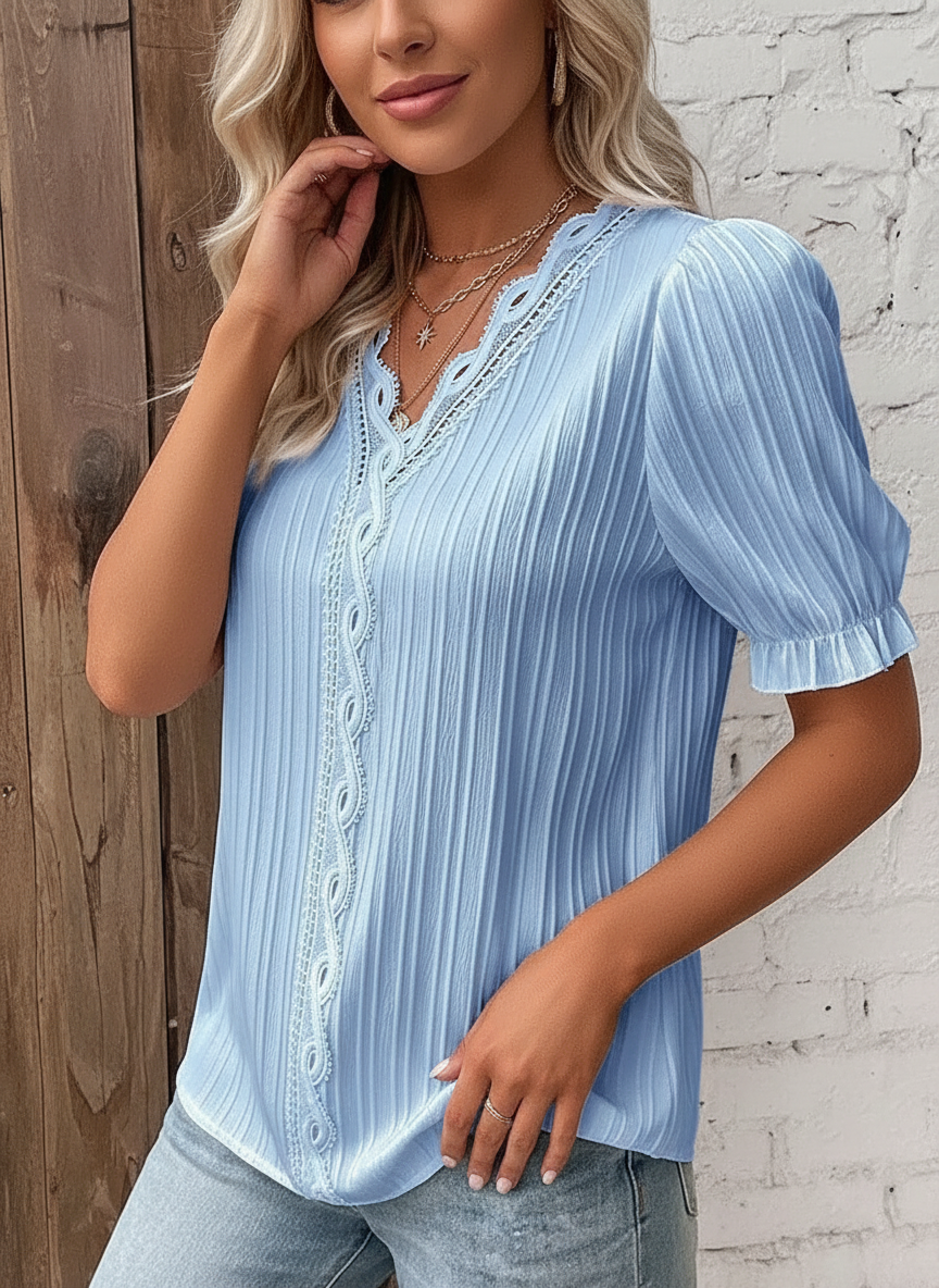 Vrouwen Blouse Gehaakt met Kanten V-hals en Plooi Details