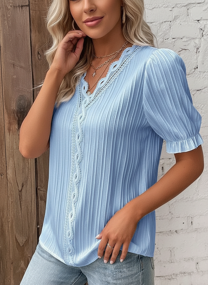 Vrouwen Blouse Gehaakt met Kanten V-hals en Plooi Details