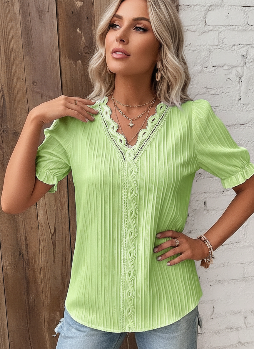 Vrouwen Blouse Gehaakt met Kanten V-hals en Plooi Details