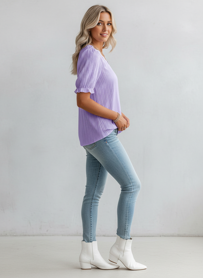 Vrouwen Blouse Gehaakt met Kanten V-hals en Plooi Details