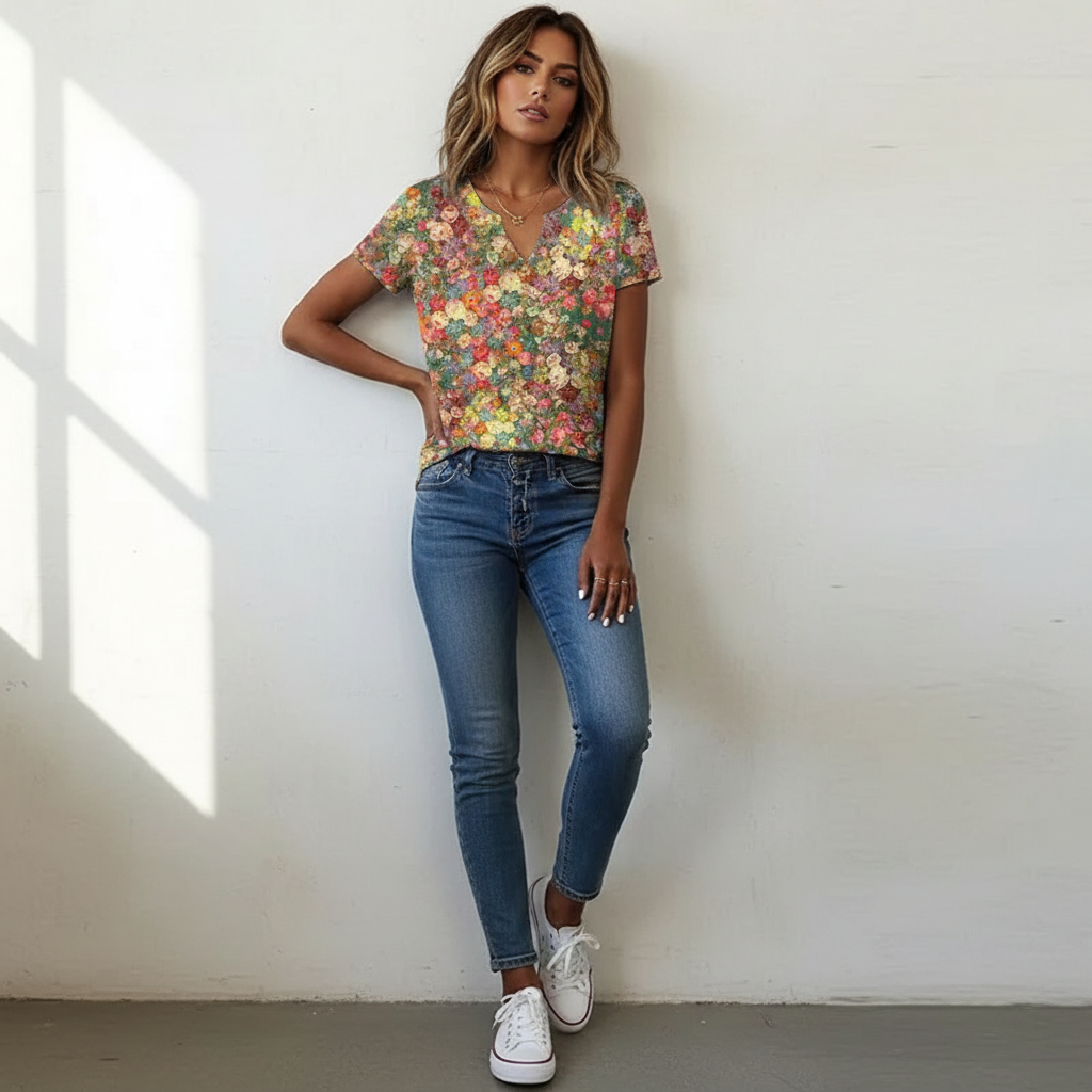 Dames T-Shirt Bloemenprint Zomerse Katoen - StudioMarella