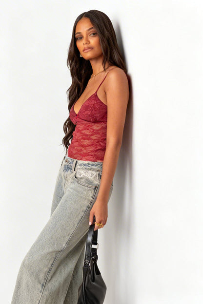 Dames Kanten Cami Top met Strikdetail en Overlay