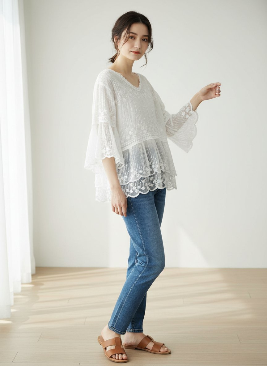 Vrouwelijke Bloemen Blouse met Kanten Ruffles en Borduurwerk