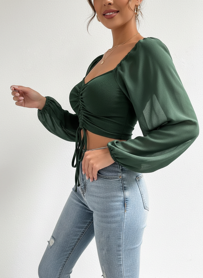 Dames Crop Top Gecrunchte Voorkant en Transparante Mouwen