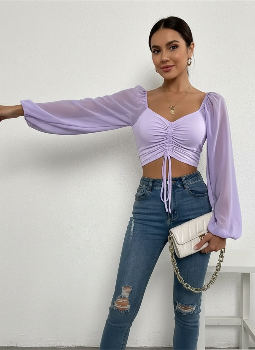 Dames Crop Top Gecrunchte Voorkant en Transparante Mouwen