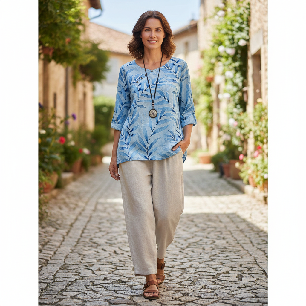 Vrouwen Blouse Blauw Bladprint Knoopdetails Casual - StudioMarella