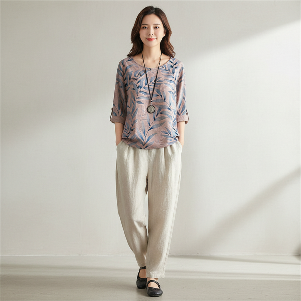 Vrouwen Blouse Blauw Bladprint Knoopdetails Casual